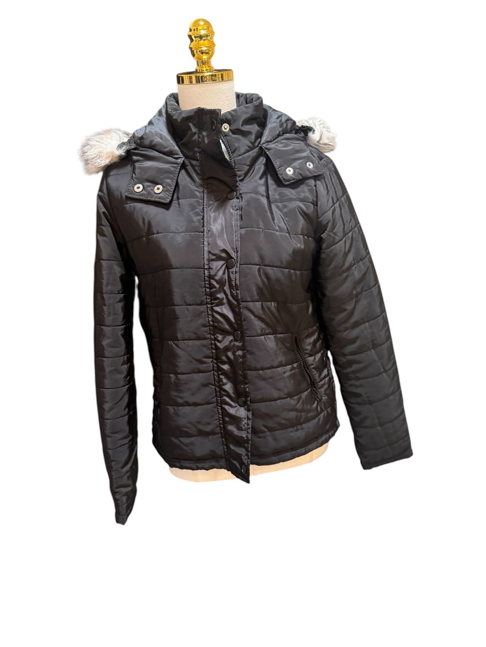 Ambiance Outerwear Black Puffer Jacket Faux Fur Hood Quilted NWOT Size S - Picture 6 of 12